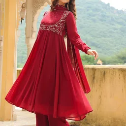 Janasya Floral Embroidered Georgette Anarkali Kurta with Palazzo & Dupatta-45