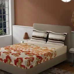 Bichauna Red & Orange Floral 120 TC Queen Bedsheet with 2 Pillow Covers-picture-17