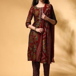 Anouk Maroon Floral Printed Round Neck Straight Kurta with Trousers & Dupatta-3