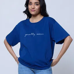 LoveDky Typography Printed Drop-Shoulder Sleeves Cotton Oversized T-shirt-picture-1