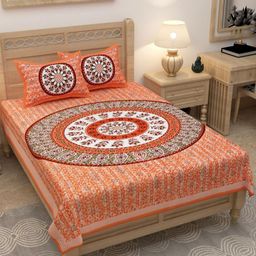 Lali Prints Orange Ethnic Motifs Cotton 180 TC Single Bedsheet with 2 Pillow Covers-image-52