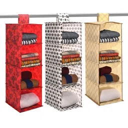 Kuber Industries Red & Cream Colored 3 Pieces Printed Foldable 4 Shelf Hanging Organisers-34