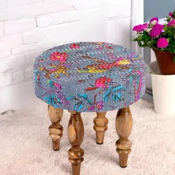 Ikiriya Grey & Brown Round Wooden Stool with Printed Kantha Upholstery-54