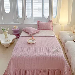 JC HOME Pink Textured 162 TC Double King Bed Cover & 2 Pillow Covers-image-83