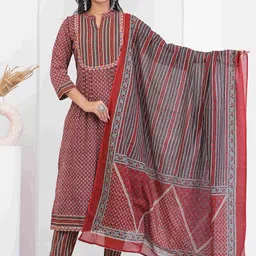 MEHKFAB Floral Printed Mandarin Collar Pure Cotton Kurta With Trousers & Dupatta-picture-16
