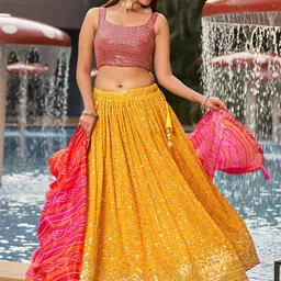 ETHNIC PLUS Embroidered Sequinned Semi-Stitched Lehenga & Unstitched Blouse With Dupatta image 3