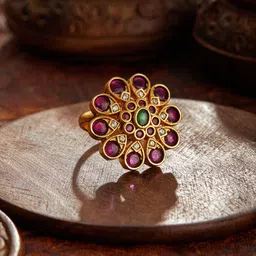 Jazz and Sizzle Gold-Plated Floral Stone Studded Adjustable Finger Ring-31