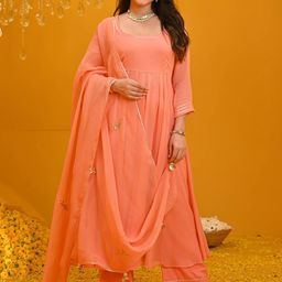 DIVASTRI Empire Round Neck Anarkali Georgette Kurta with Trousers & Dupatta-picture-57