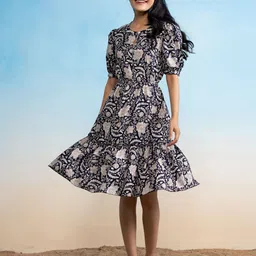 AASK Women Floral Printed Keyhole Neck Puff Sleeve Crepe Fit & Flare Dress-image-37