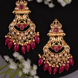 Anouk Gold-Plated Artificial Stones Studded & Pearls Beaded Peacock Shaped Drop Earrings-18