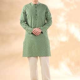 Anouk Green & Off White Geometric Printed Band Collar Pure Cotton Straight Kurta-48
