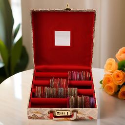 Aura Gold-Toned 4 Rod Masakali Printed Wooden Mirror Number Lock Velvet Bangle Box-43