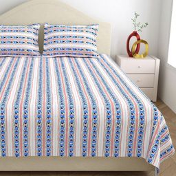 DREAM WEAVERZ White & Blue Striped Pure Cotton 220 TC King Bedsheet Set 2.75 x 2.55 m-image-91