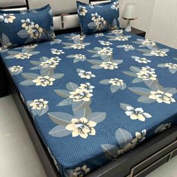 Pure Decor Blue & Cream-Coloured Floral 250 TC Queen Bedsheet with 2 Pillow Covers-image-44
