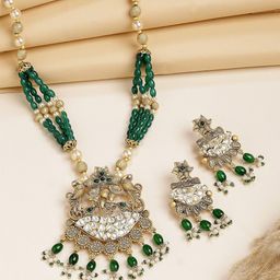 KARATCART Gold-Plated Kundan Studded & Beaded Meenakari Work Rani Haar Jewellery Set-image-96