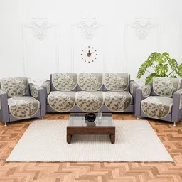 Kuber Industries Cream-Coloured 16 Pcs Floral Printed Cotton 5 Seater Sofa Cover With Arms-image-86