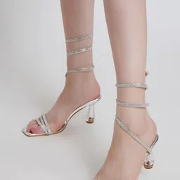 Shoetopia Silver Synthetic Block Heels-16