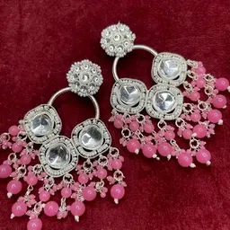 MADDY SPACE Silver-Plated Artificial Stones Studded And Beaded Drop Earrings-57