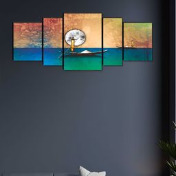 Aura Black & Blue 5 Pieces Wooden Moon & Boat Wall Paintings-image-70
