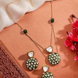 AARSEE OFFICIAL Anti-Tarnish 22KT Gold-Plated Green polki Necklace Set-47