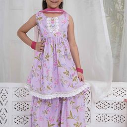 Little Bansi Girls Floral Printed Cotton A-Line Kurta with Sharara & Dupatta-image-56