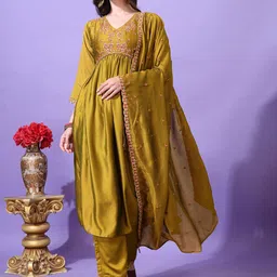 Hirvanti Fashion Ethnic Motifs Embroidered V-Neck Anarkali Kurta With Palazzos And Dupatta-picture-6