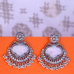 Sangria Silver-Plated Kundan-Studded & Beaded Oxidised Contemporary Shaped Drop Earrings-3