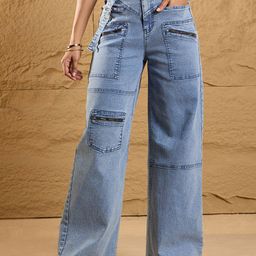 SASSAFRAS Women Straight Fit High-Rise Low Distress Stretchable Cargo Styles Jeans-image-42