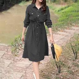 Tripursundari Fashion Women Cuffed Sleeves Denim Shirt Dress-picture-47