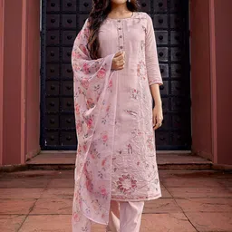 DIVASTRI Women Floral Embroidered Regular Kurta with Trousers & With Dupatta-14