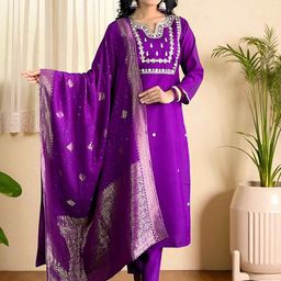 SHADOW & SAINING Women Embroidered Sequinned Pure Cotton Kurta with Trousers & Dupatta-picture-46