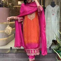 S.K.C Women Ethnic Motifs Embroidered Regular Thread Work Silk Chiffon Kurta with Trousers & With Dupatta-picture-16