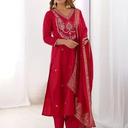 Wedani Ethnic Motifs Embroidered Thread Work V-Neck Straight Kurta With Pyjamas & Dupatta-picture-48