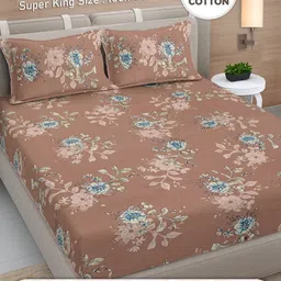 FABINALIV Brown & Blue Floral 300 TC King Bedsheet with 2 Pillow Covers-44