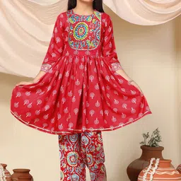 Sangria Girls Red Floral Printed Empire A-Line Kurta With Trousers-image-99