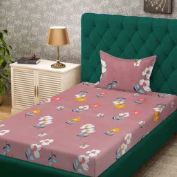 HOSTA HOMES Peach-Coloured & White Floral 300 TC Single Bedsheet with 1 Pillow Covers-image-3