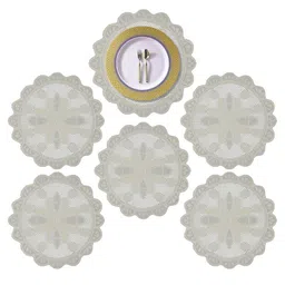 Aura Cream-Coloured 6 Pieces Self-Design Cotton Round Shape Table Placemats-picture-17