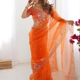 Satrani Embellished Sequinned Organza Saree-30