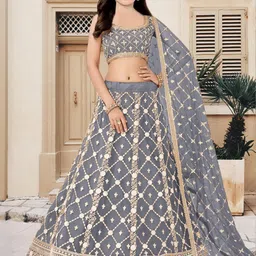 F Plus Fashion Girls Grey Net Semi-Stitched Lehenga Choli-image-26