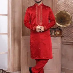 EVASTRO Ethnic Motifs Embroidered Regular Banarasi Silk Straight Kurta with Pyjamas-picture-29