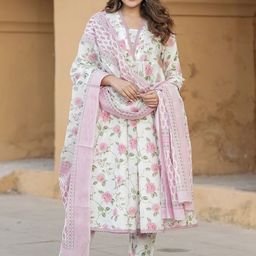 DIVASTRI Women Floral Printed Pure Cotton Kurta with Trousers & With Dupatta-picture-19