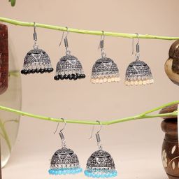 Sangria Set Of 3 Silver-Plated Oxidised Beaded Jhumka Earrings-56