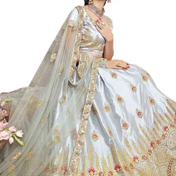 MANVAA Grey & Red Embroidered Semi-Stitched Lehenga & Unstitched Blouse With Dupatta-55
