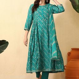 Sangria Women Leheriya Dyed Layered Thread Work Chanderi Cotton Kurta with Trousers & With Dupatta-picture-6