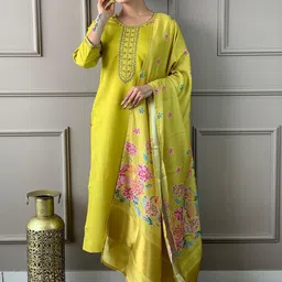 THE52 Floral Embroidered Chanderi Cotton Straight Kurta with Trousers & Dupatta-image-48