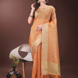 Panzora Striped Zari Organza Saree With Unstitched Blouse Piece-image-59