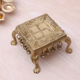 Two Moustaches Brown Swastika Engraved Brass Pooja Chowki-image-46
