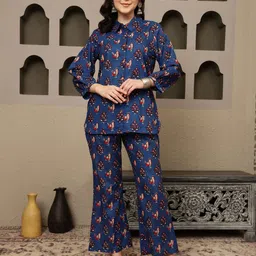Sangria Peacock Printed Pure Cotton Shirt Style Top With Trousers-picture-15