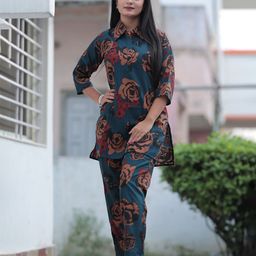 Anouk Teal Blue Shirt Collar Printed Tunic With Trousers-image-44