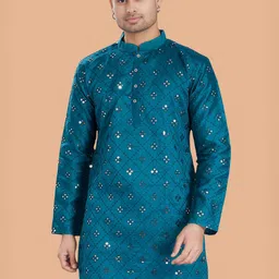 DIVISIVE Floral Embroidered Mirror Work Mandarin Collar Kurta-picture-1